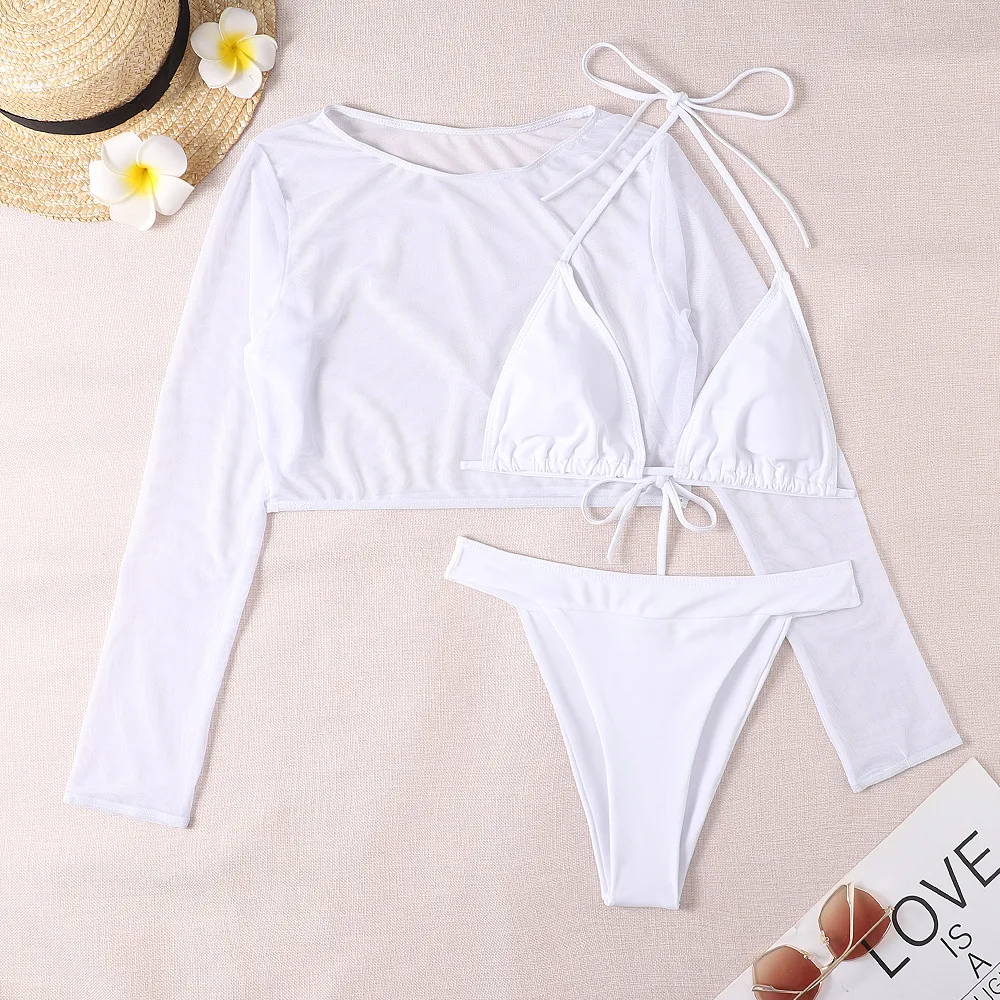 Conjuntos de biquíni branco para mulheres, top manga comprida, tanga swimwear, maiô, maiô de natação, beachwear, néon, 3 peças, 2024