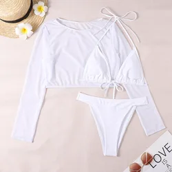 Conjunto de Bikini de manga larga para mujer, traje de baño de 3 piezas con Tanga, color blanco, neón, 2024