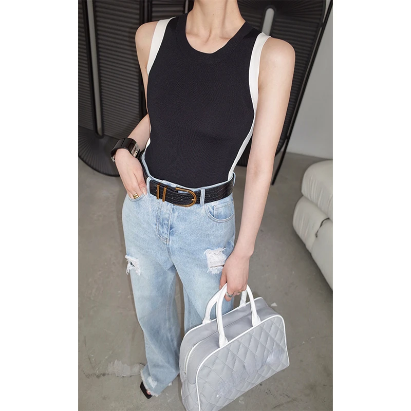 Camisola de alças laranja de rua alta feminina, camisola de malha justa, gola redonda elástica, Y2K, primavera e verão, 2024