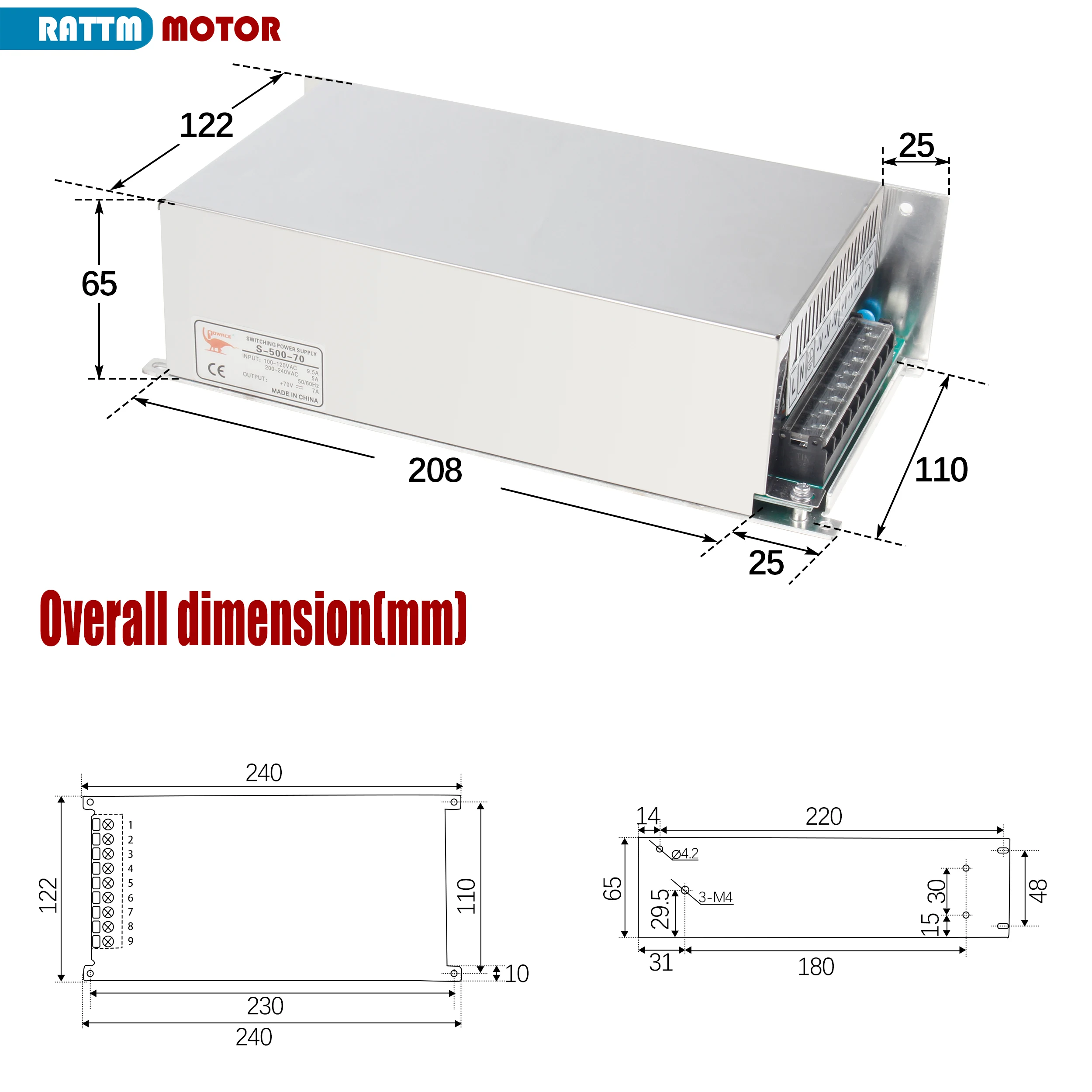 500W DC 스위칭 전원 공급 장치 60V 70V 단일 출력 AC-DC 변환기 CNC 액세서리 부품