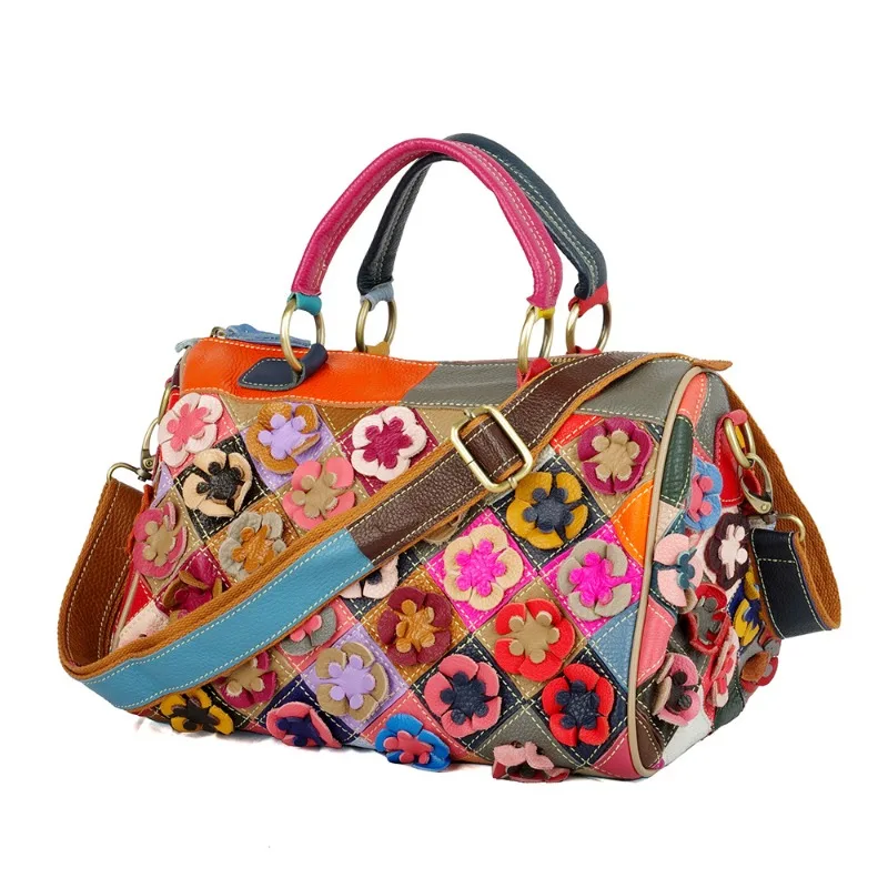 Vintage Shoulder Bag for Women Genuine Leather Top Grain Leather Floral Accent Adjustable Strap Luxury Handbag Portable