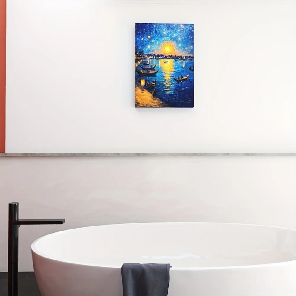 

Sunset sailing scene, pine frame, classic landscape painting in warm tones, coastal home decor, interior decor