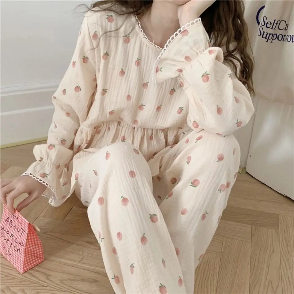 Peach Print Sleepwear Women Pajama Sets Korean Piiama Ruffles Pants Sets for Women 2 Pieces Autumn Night Wears O-neck Home Suit