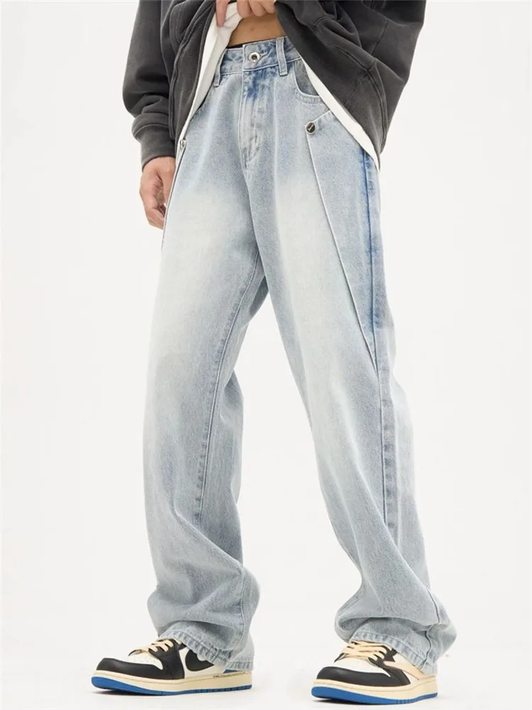 Light Blue Jeans Men Y2K Solid Color Straight Pants with Button Pockets Loose Simple Trousers A149