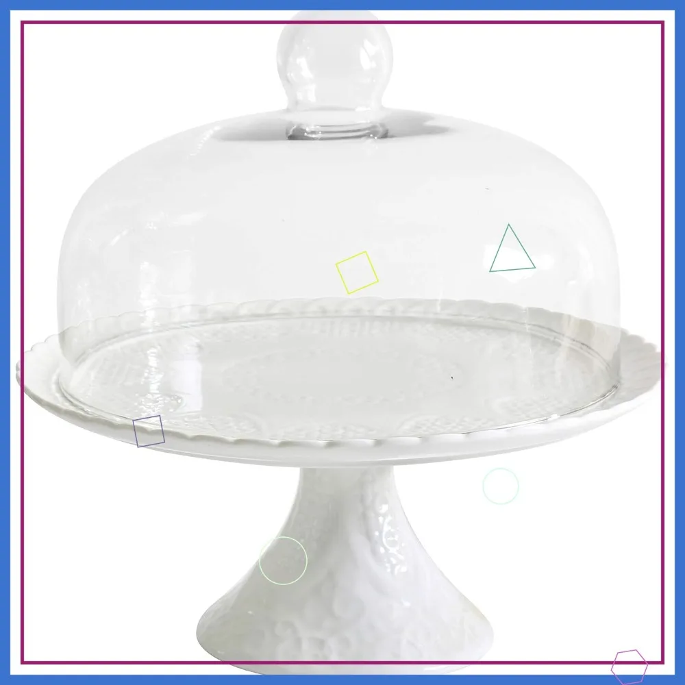 

12 Inches White Porcelain Decorative Cake Stand with Glass Dome for Cupcakes