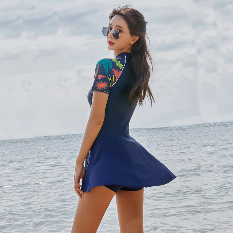 High Quality Modest Swimming Suit For Women One Piece Swimwear Short Sleeve Swimsuit With Swim Skirt Beach Wear Bathing Suit