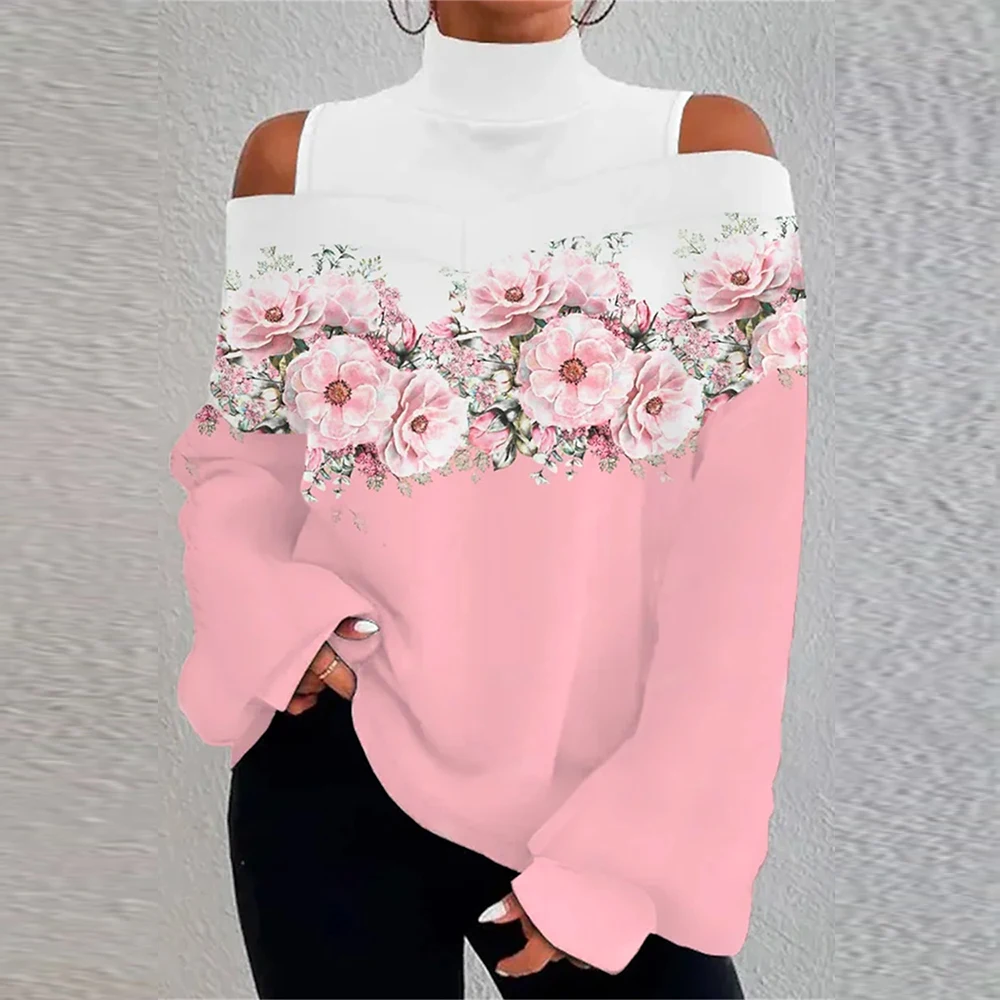 Damskie wiosenne topy na T-Shirt w kwiatowy wzór z odkrytymi ramionami damskie na szyję luźne bluza wkładana przez głowę odzież Plus Size 2024