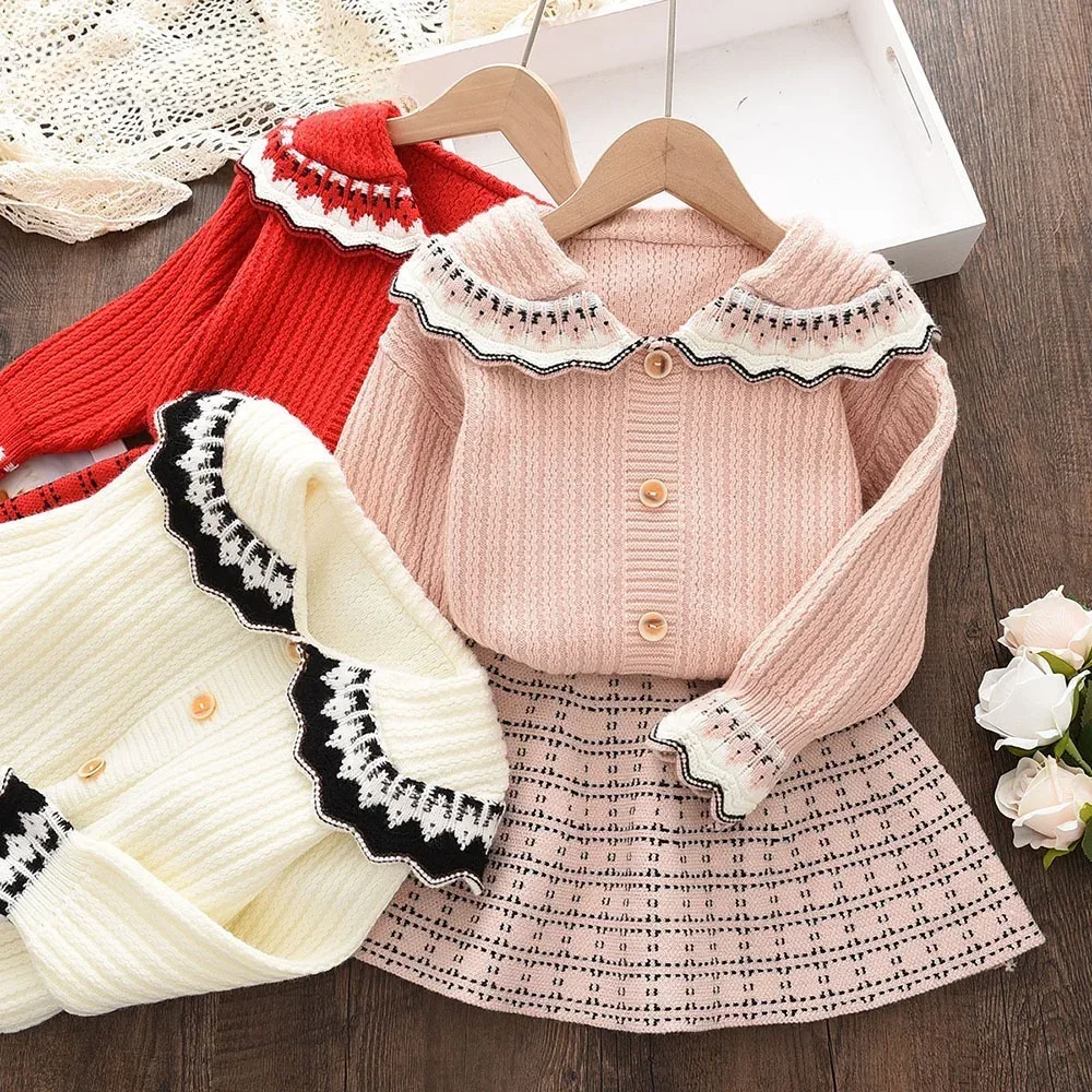 

Winter Sweater 2-piece Set White Lace Doll Collar Single Breasted Cardigan Top+plaid Skirt Fashionable New Kids Clothes Girls