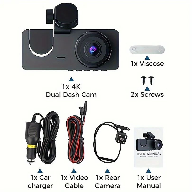 Cámara de salpicadero para automóviles, cámara de coche 4K Full UHD delantera trasera con tablero de tarjeta SD de 32 GB gratis con visión nocturna, modo de estacionamiento de 24 horas