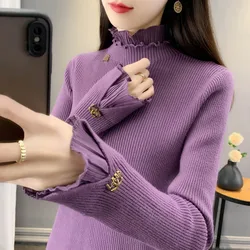 Autumn Winter New Lace Edge Half High Collar Knit Pullover Women Clothing Fashion All-match Solid Slim Sweaters Lady Elegant Top
