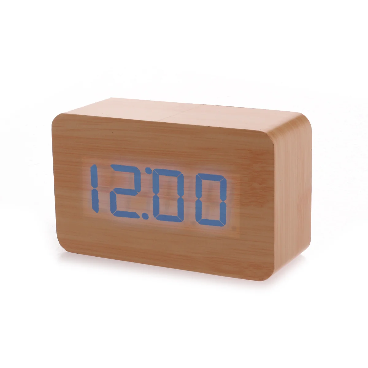 

Digital Desk LED Alarm Clock Bamboo Wood Blue Light Thermometer Time Alarm Voice Sound Control Portable for Office Bedroom