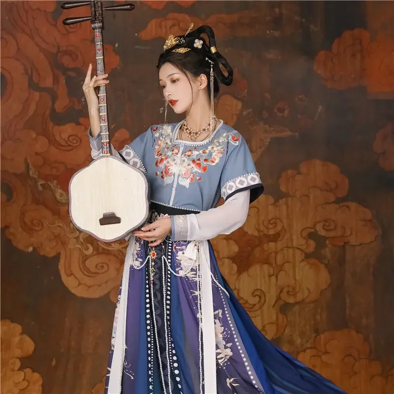 Hanfu Cosplay Traje para Mulher, Cintura Tang Traje de Dança Antiga Bordado Princesa Elegante, Cintura de Meio Braço Conjunto de 4 Peças