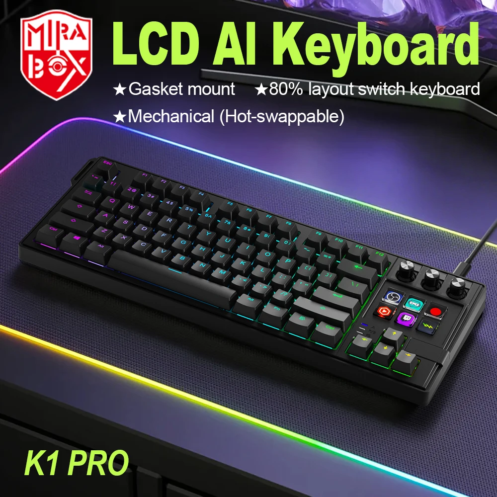 Mirabox K1 PRO Visual AI Keyboard LCD Mechanical Keyboard Macro Red Axis Wired Gaming Keyboard Detachable Cable RGB Backlight