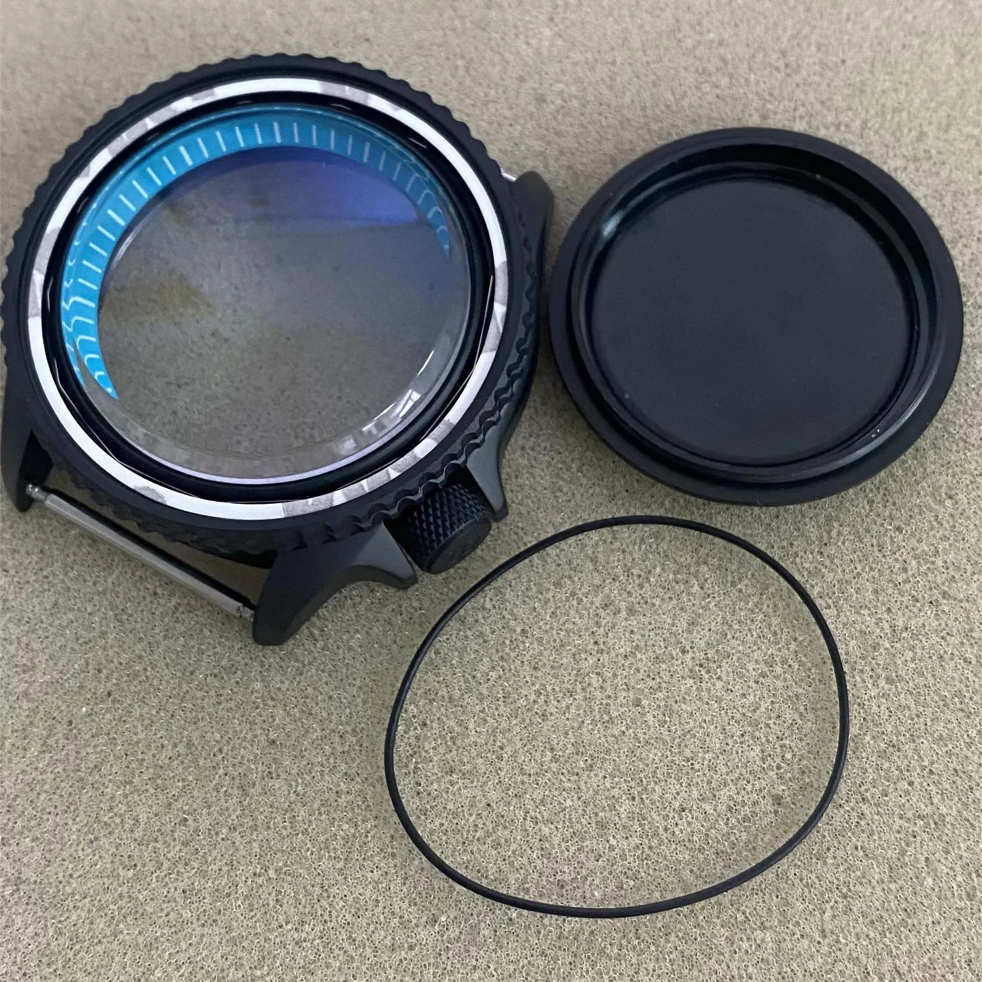 Casing jam tangan baja 41.5mm NH35 casing PVD hitam mengkilap bagian jam cincin bab hitam putih biru untuk gerakan NH35/NH36/4R