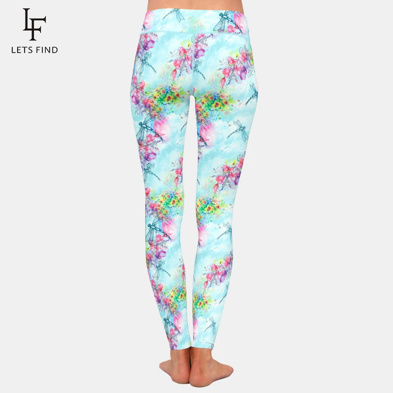 LETSFIND 2020 New Dragonflies and Flowers Print Cute Women Leggings High Waist  Soft Stretch Leggings