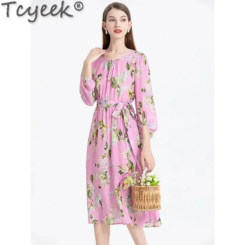 Tcyeek-Vestidos Midi elegantes para mujer, ropa de seda Real de morera de gama alta, vestido estampado francés para mujer 23, verano 100%