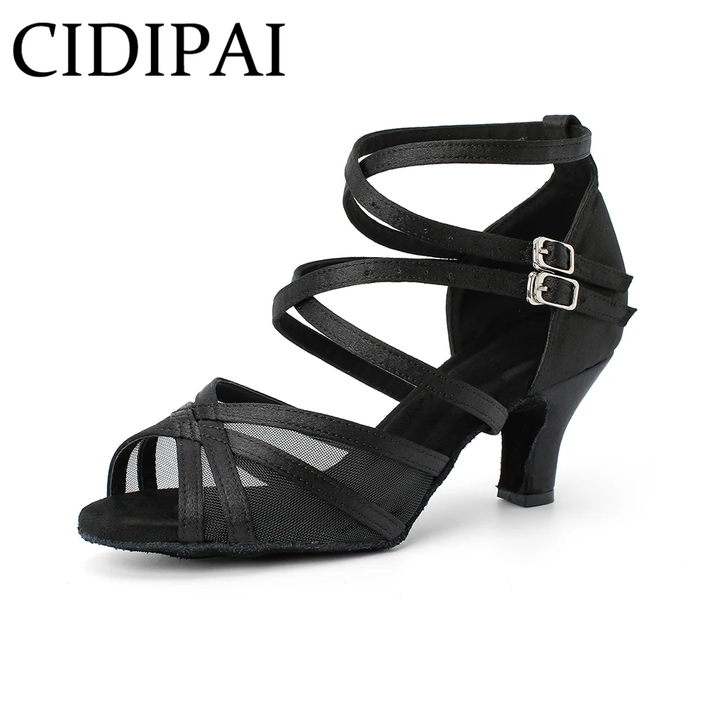 CIDIPAI Zapatos de Baile Latino de Satén de Seda Negra con Suela Blanda de Malla para Salsa y Tango, Sandalias de Salón para Mujer, Ideales para Fiestas Interiores, Color Marrón