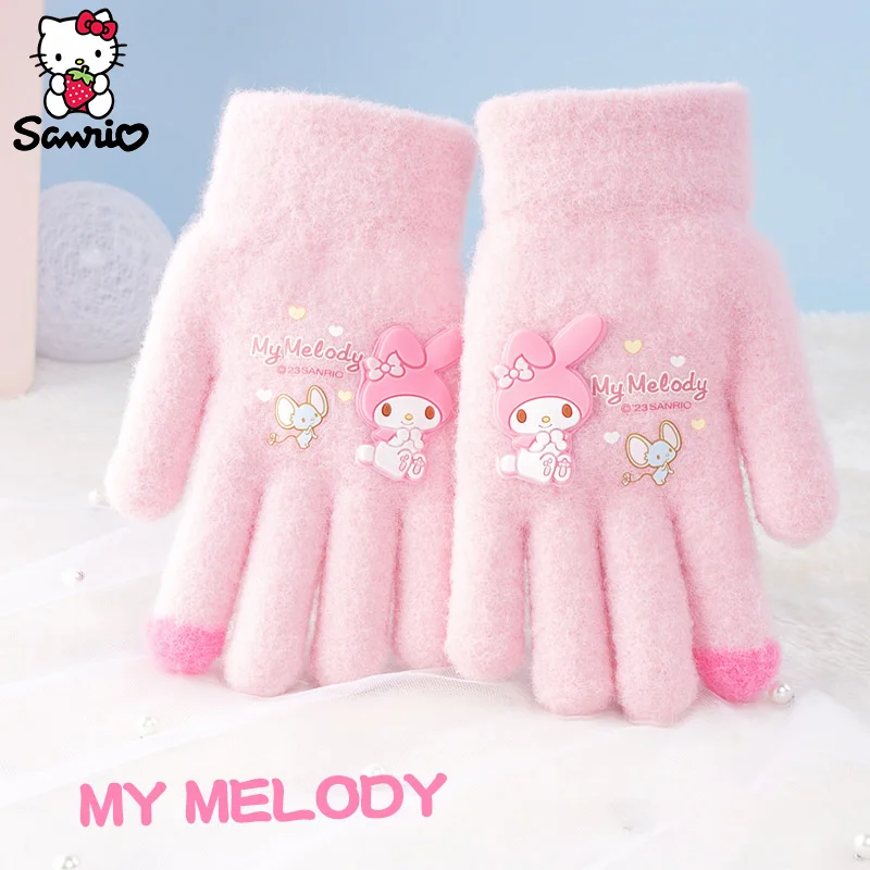 Dziecięce rękawiczki Sanrio pluszowe Kuromi rękawiczki odporne na zimno moja melodia Cinnamoroll rękawiczki z pięcioma palcami Pochacco zimowa