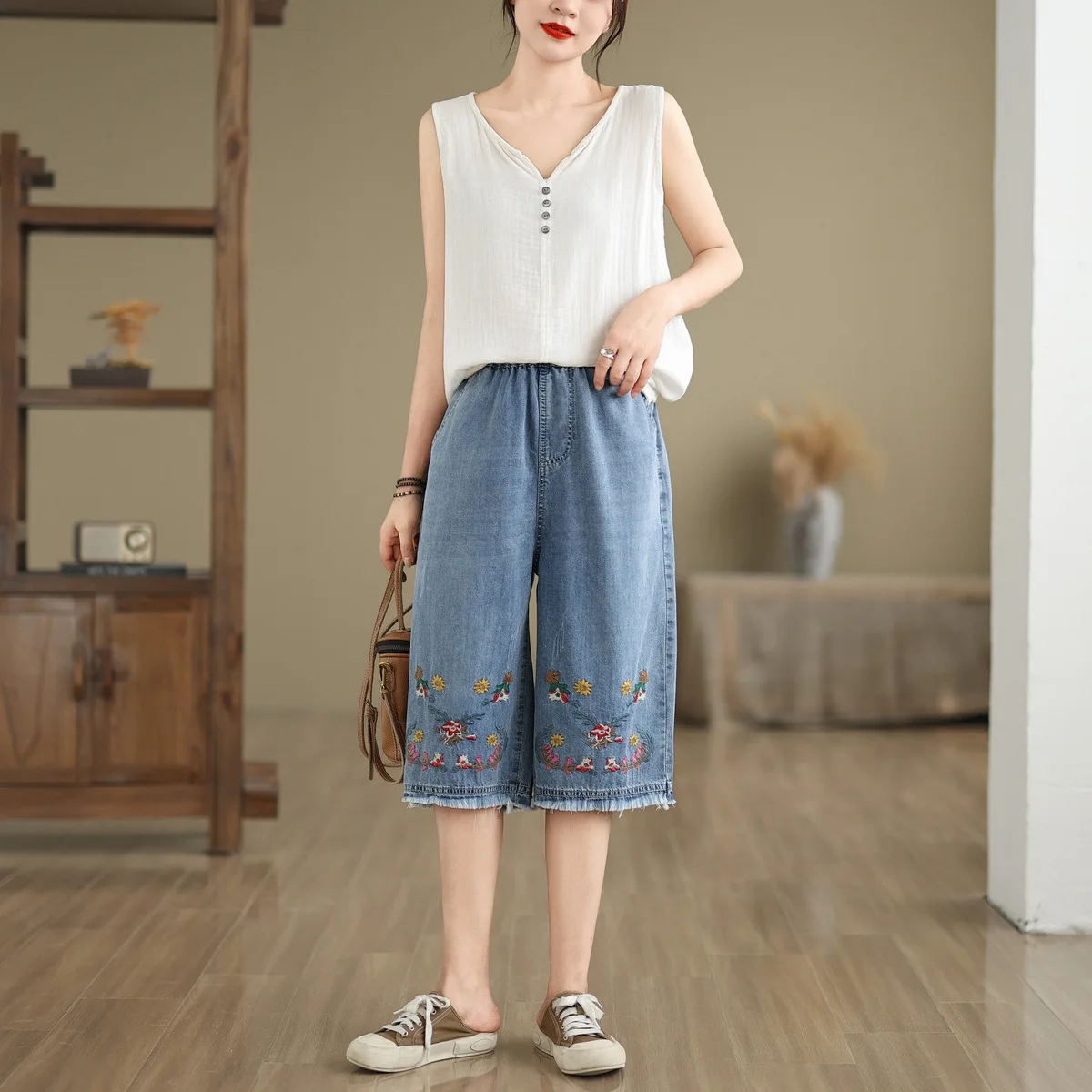 Aricaca Wide Leg Pants for Women Fashion High Waist Knee Length Jeans Shorts Women Oversize Denim Pants