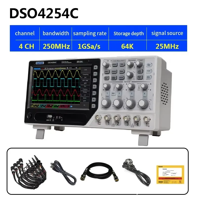 Hantek  4-channel digital oscilloscope 100Mhz/250MHz 1GSa/s + 25MHz signal generator DSO4084C DSO4104C DSO4204C DSO4254C