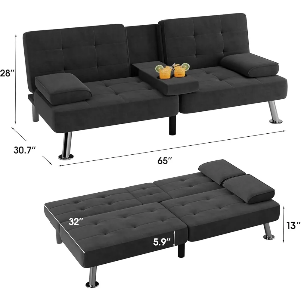 Modern Convertible Futon Sofa Bed with Linen Fabric, Recliner Lounge, 2 Cup Holders for Living Room, Space-Saving Furniture