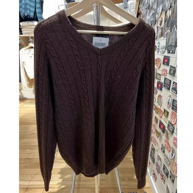 Vintage Brown Twist Knit Sweater Cotton Blend Warm V-neck Streetwear Female Pullover Loose Harajuku Y2K Winter Top Woman New