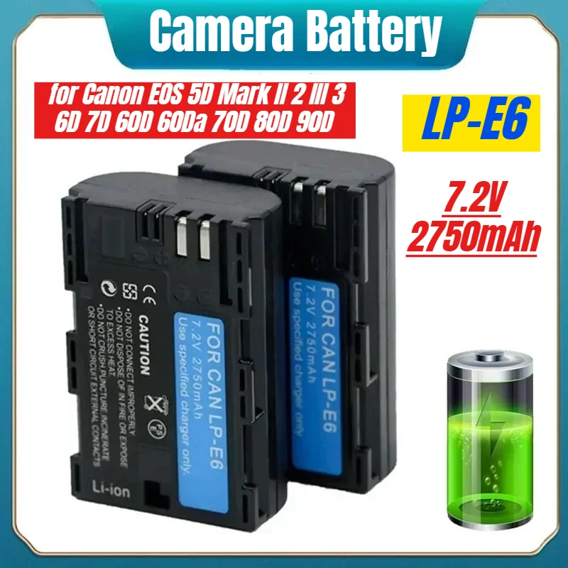 بطارية كاميرا 2750mAh LP-E6 لكاميرات كانون EOS 5D Mark II 2 III 3 6D 7D 60D 60Da 70D 80D 90D DSLR بطارية رقمية #1