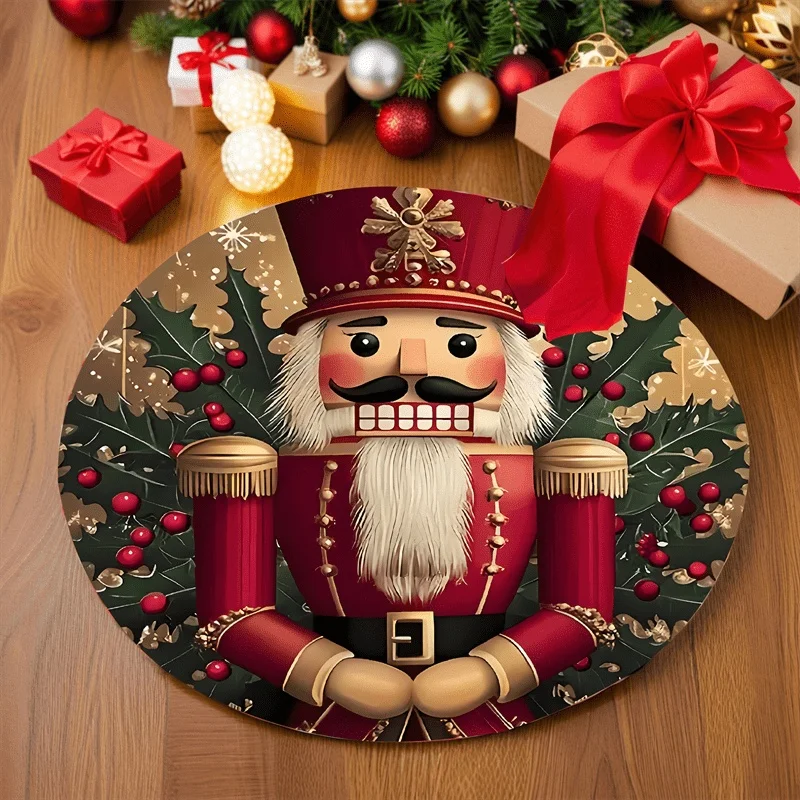 Nutcracker Soldier Christmas Round Rug, Holly Berry Printed Floor Mat, Xmas Decoration Carpet for Indoor