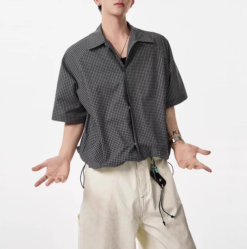 

2026 Summer New Plaid Short-sleeved Shirt T-shirt Men's Double Pockets Hem Drawstring Design Sense Casual Half Sleeve