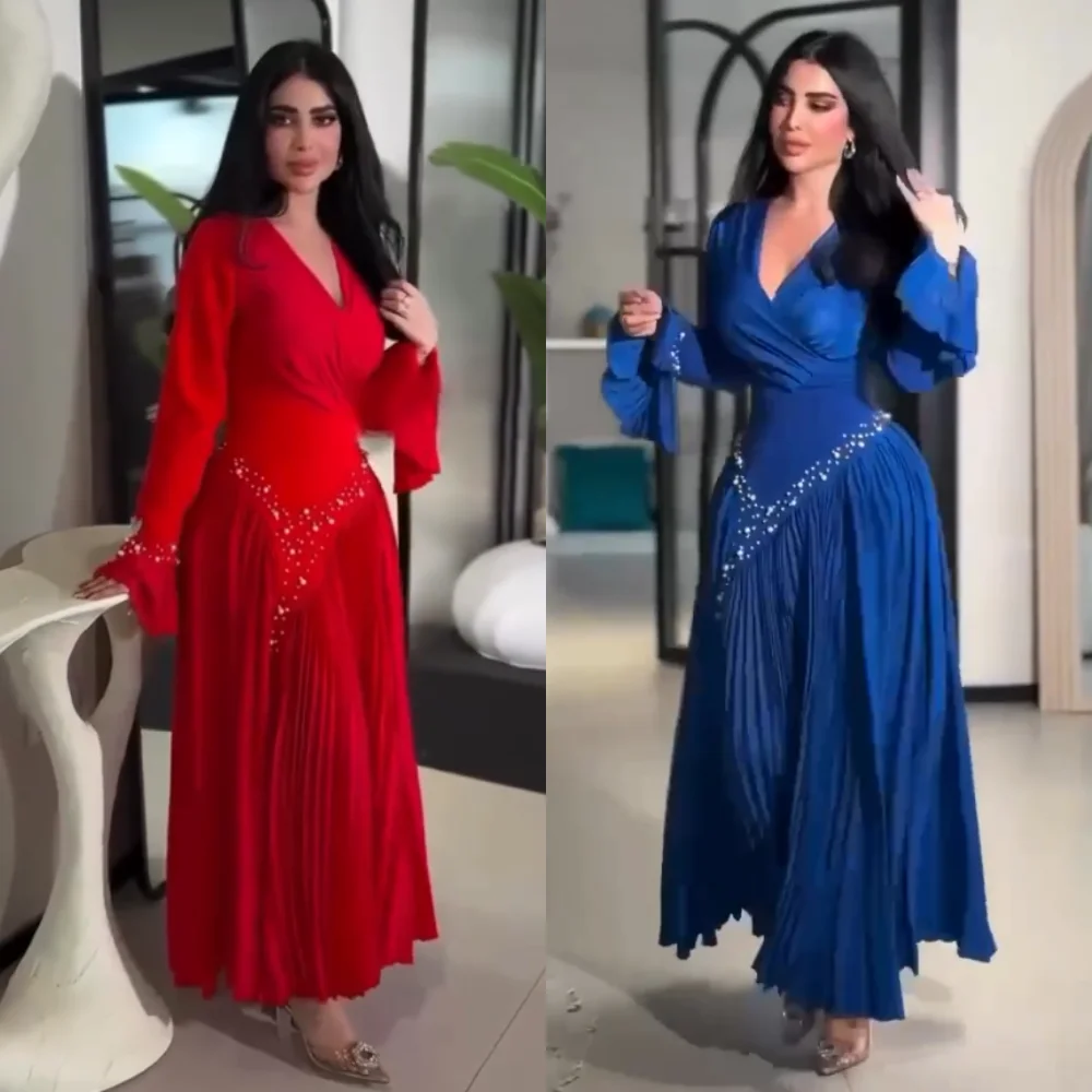 

Customized Jersey Beading Pleat V-neck A-line Midi Dresses Bespoke Occasion Prom Party Gown Glitter Women's Evening