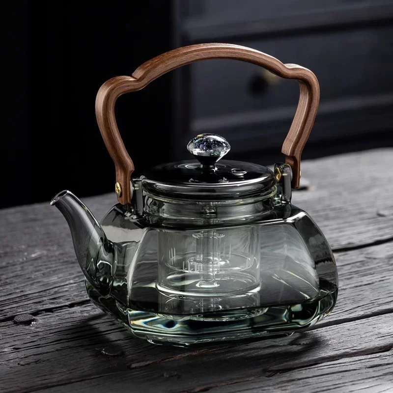 1000ML Octahedral Heat Resistant Glass Teapot Steaming and Boiling Dual-use Lifting Beam Tea Pot Glass Kettle Kung Fu Tea Set