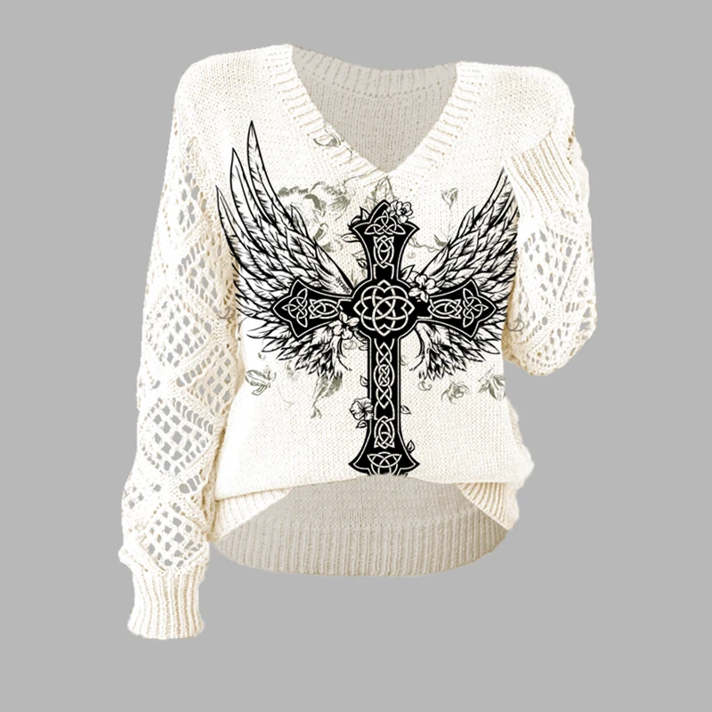 Dressfo New Women's Top Gothic Sweater Cross Wing Butterfly Print Hollow Out V Neck Sweater ropa de mujer
