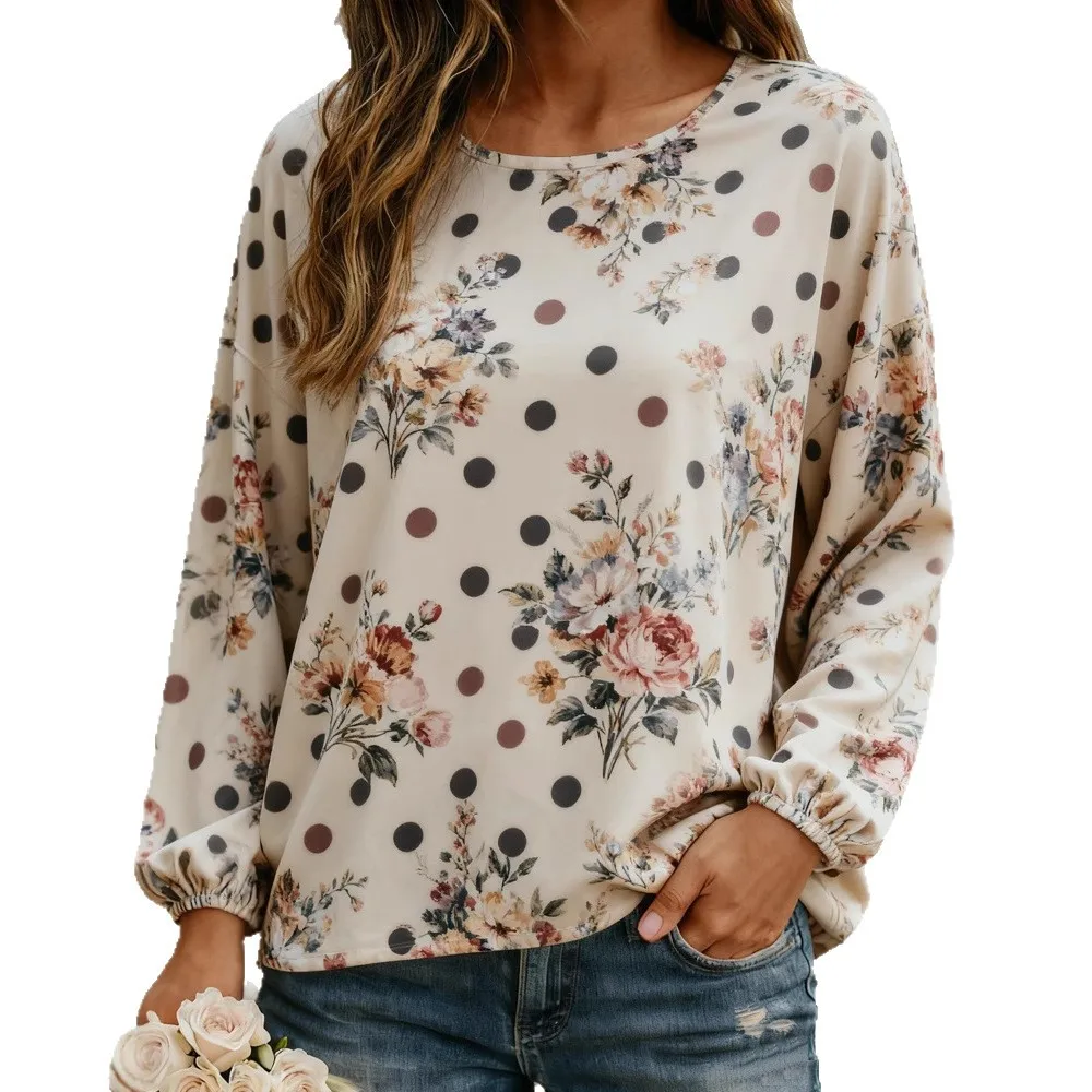 Automne nouveau T-shirt femme décontracté rétro imprimé à manches longues chemises col rond hauts pullover mode coréenne Кроп Топ t-shirts