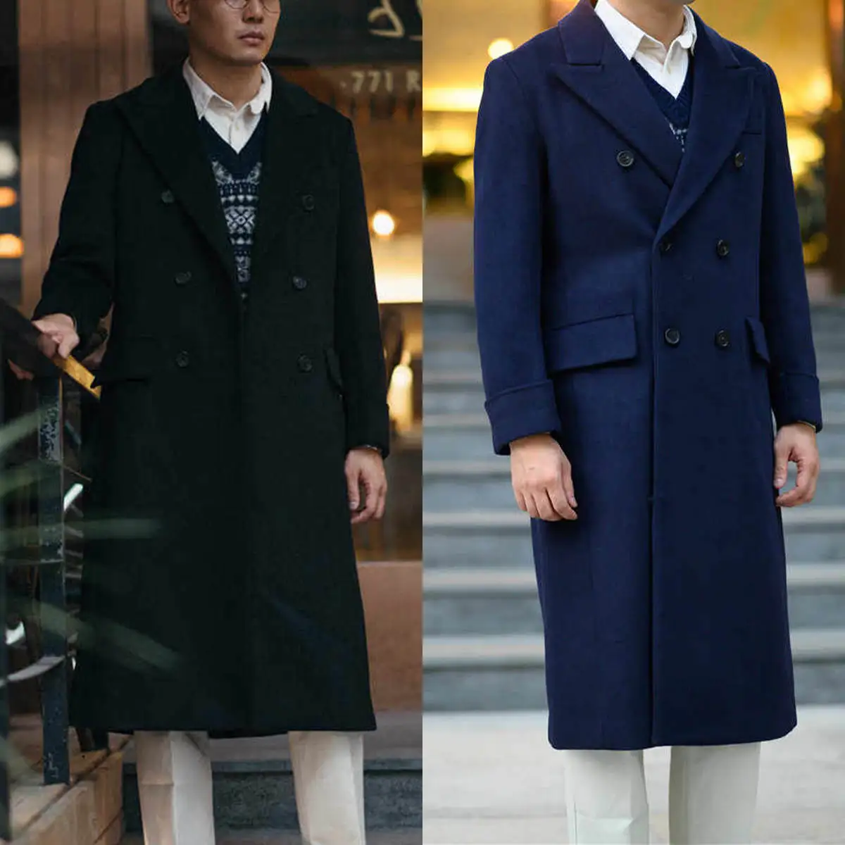 Men Long Overcoat Navy Wool Blend Double Breasted Coat Winter Business Casual  Outwear