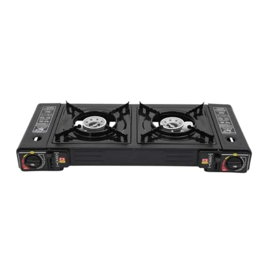 

Portable Camping Stove: 2 Burner 2500W Dual Fuel Butane Grill, Stainless Steel, Black, Compact with Carrying Case Piezo Ignitio