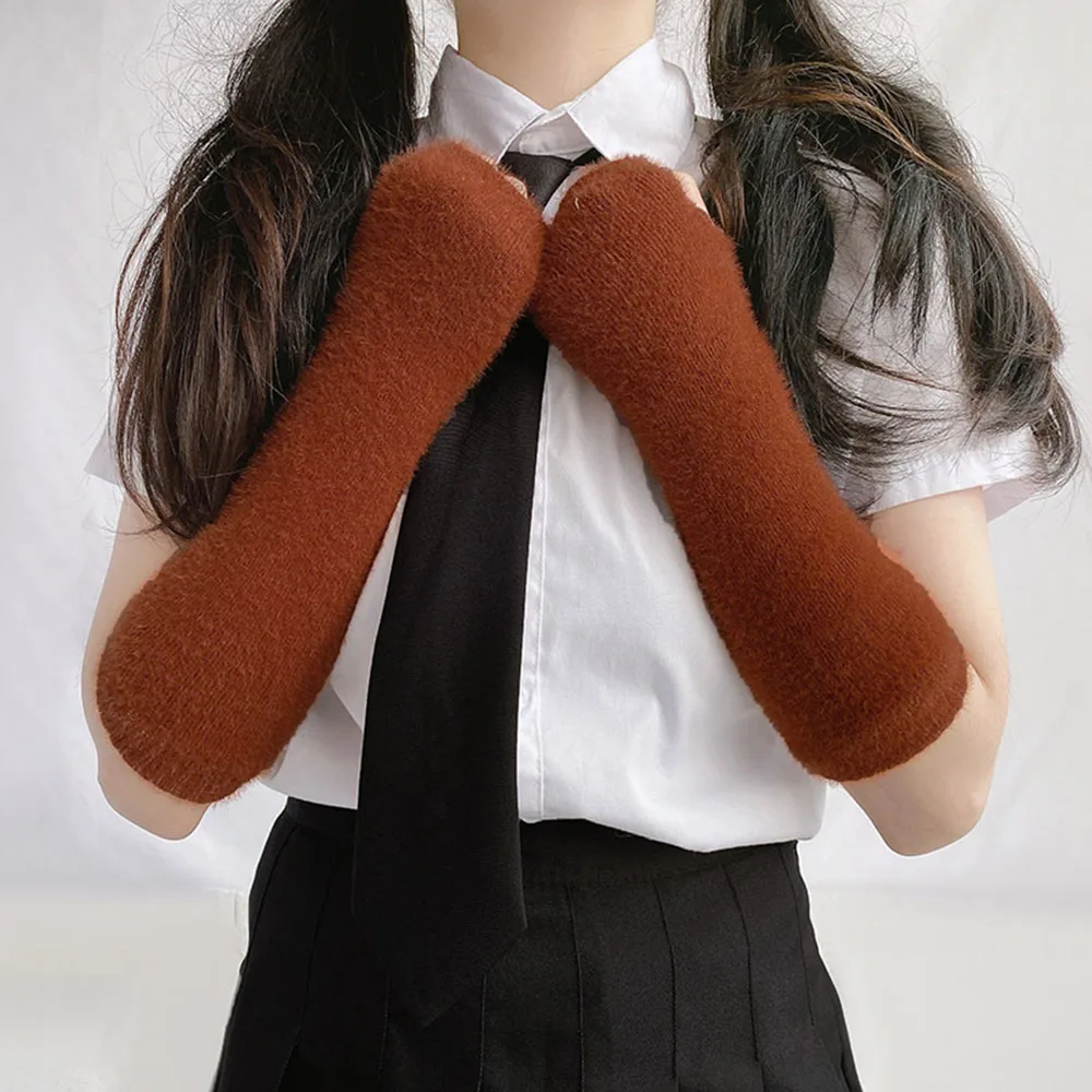 Long Knitted Fingerless Gloves Winter Thermal Arm Warmers Soft Warm Plush Half Finger Gloves Y2K Style Girls Elastic Mittens