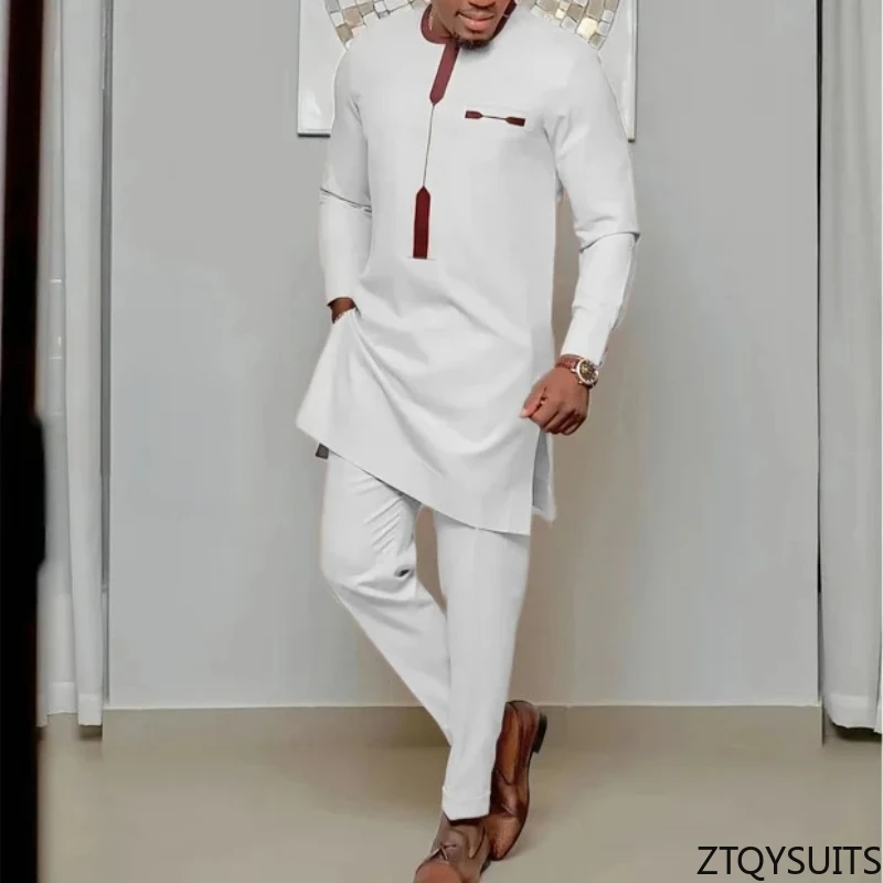 

New Dashiki Men's Set White Round Neck Long Sleeve Luxury Brand Men's Suit Casual Slim Fit Men's Set Wedding Evening Suit