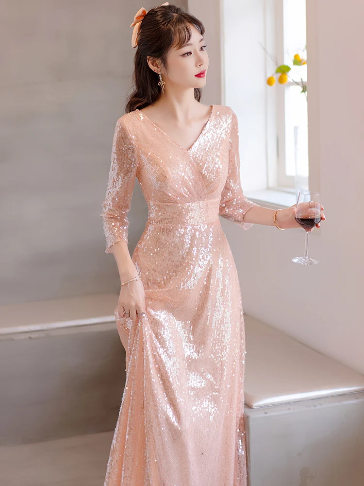 

Вечернее платье больших размеров для взрослых, розовое, стройнящее, для выступлений, для новогодних церемоний, для ведущих, модное, с завышенной талией, в пол