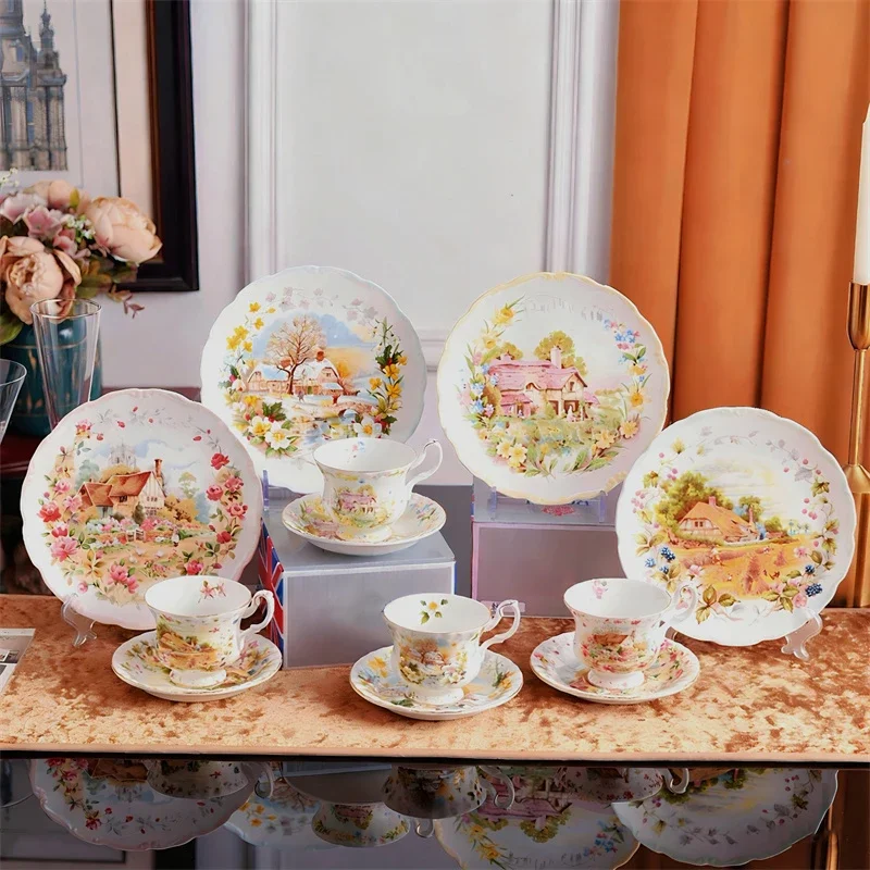 England Royal Four Seasons Spring/Summer Autumn/Winter Bone china 8in Dinner Plate Bamboo Hat-shaped Bowl Coffee Cup and Saucer