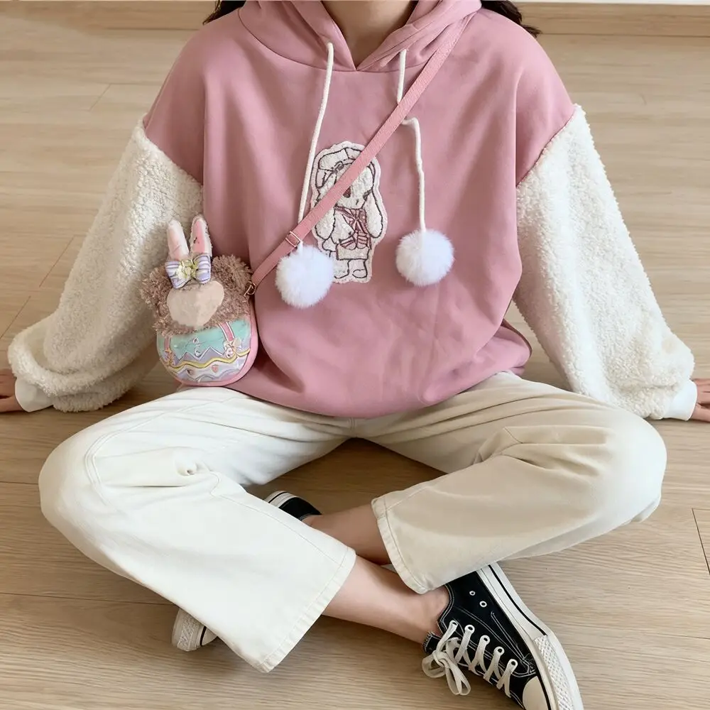 Outono preppy menina harajuku kawaii hoodies dos desenhos animados cães apliques moletom com capuz retalhos velo mangas caídas pullovers
