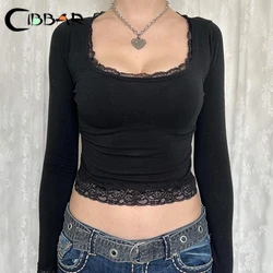 CIBBAR Vintage Lace Stitched Black Crop Top Women Basic Skinny Long Sleeve Solid T Shirt 2023 Autumn Winter Casual Tee Shirt y2k