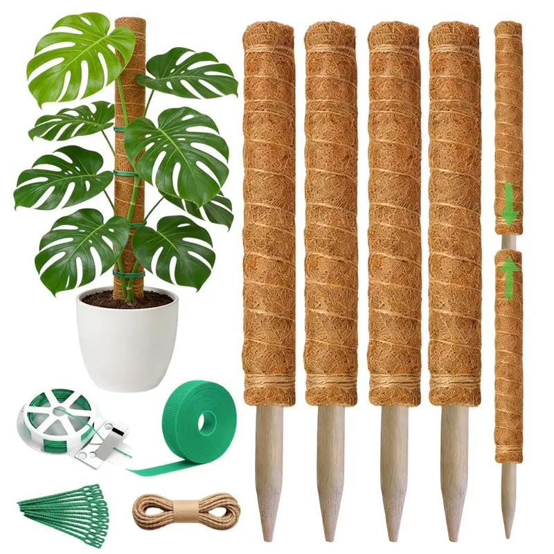 AT19-4-Piece Plant Stand Set - Plant Stumps For Indoor Climbing Plants - Coconut Shell Stumps And Rooftop, And Filodendrace