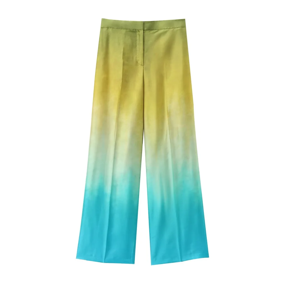 PB&ZA2024 Summer New Fashion Casual Women\'s Wear Tie Dyed Decoration Silk Satin Texture Shirt Straight leg Pants