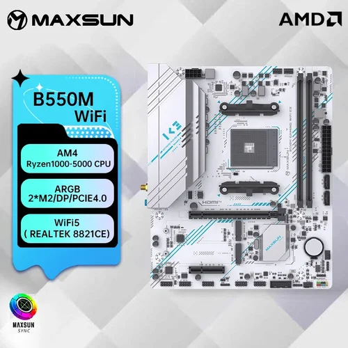 Imagen 2 del producto Placa base MAXSUN B550M compatible con AMD R7 5700X, 2*16GB DDR4 3200Mhz, USB3.1, PCIE 4.0, AM4, ARGB, WIFI5, BT4.2, B550M GAMING WIFI ICE