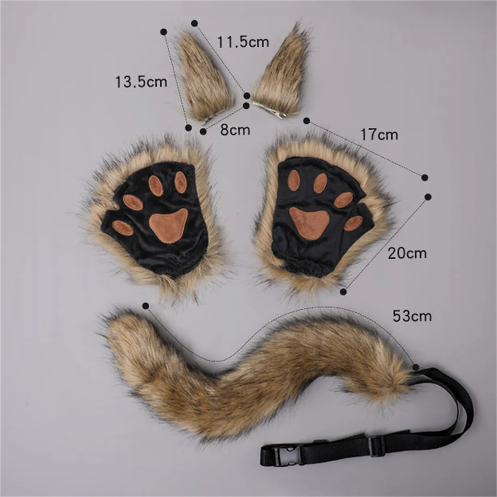 7 Colors Fox Cat Ear Tail Gloves Set Furry Cute Paw Hair Clip Cosplay Party Plush Fursuit Animal Ear Tail Halloween Costume