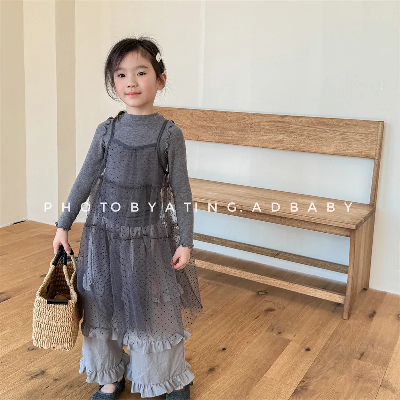 

2024 Spring New Children Dress Set Baby Girl Dot Sling Gauze Dress + Solid Bottoming Shirt 2pcs Suit Kids Toddler Casual Outfits