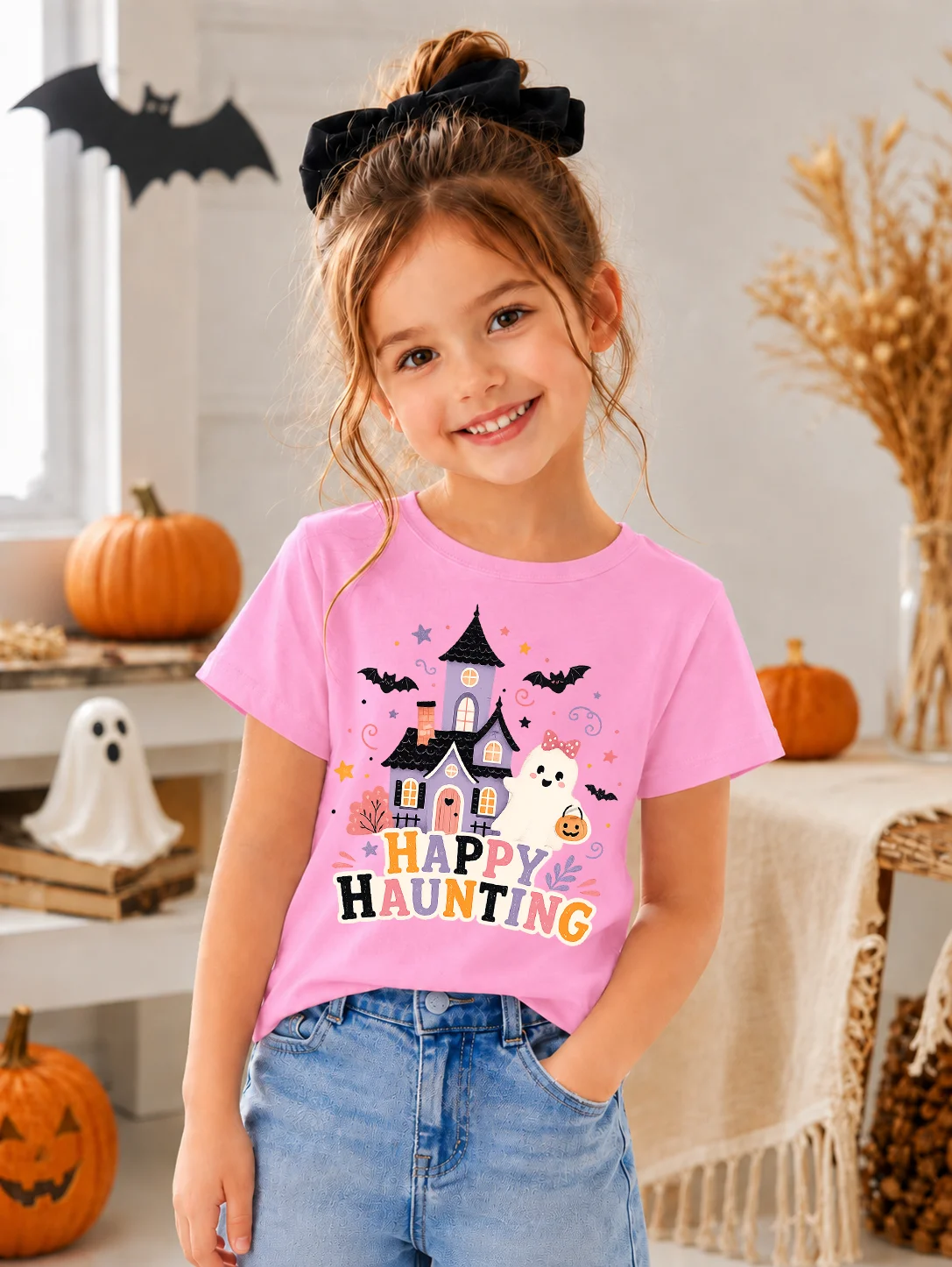 Kids Halloween Short Sleeve T Shirt Cute Ghost Haunted House Print Girls Pink Tees Happy Haunting Graphic Toddler Casual Tops Ha