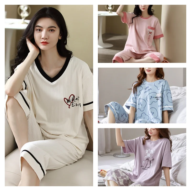 Women\'s Pajama Summer Knitted Cotton Thin Short Sleeved Girl Simple Fashion Casual O-Neck Homewear Cute Soft Cartoon Loungewear