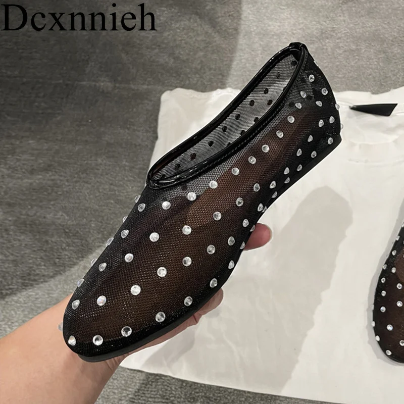 

Spring Summer Flat Round Toe Ballet Shoes Women Bling Bling Crystal Decoration Lazy Loafers Lightweight Vacation Walking Shoes