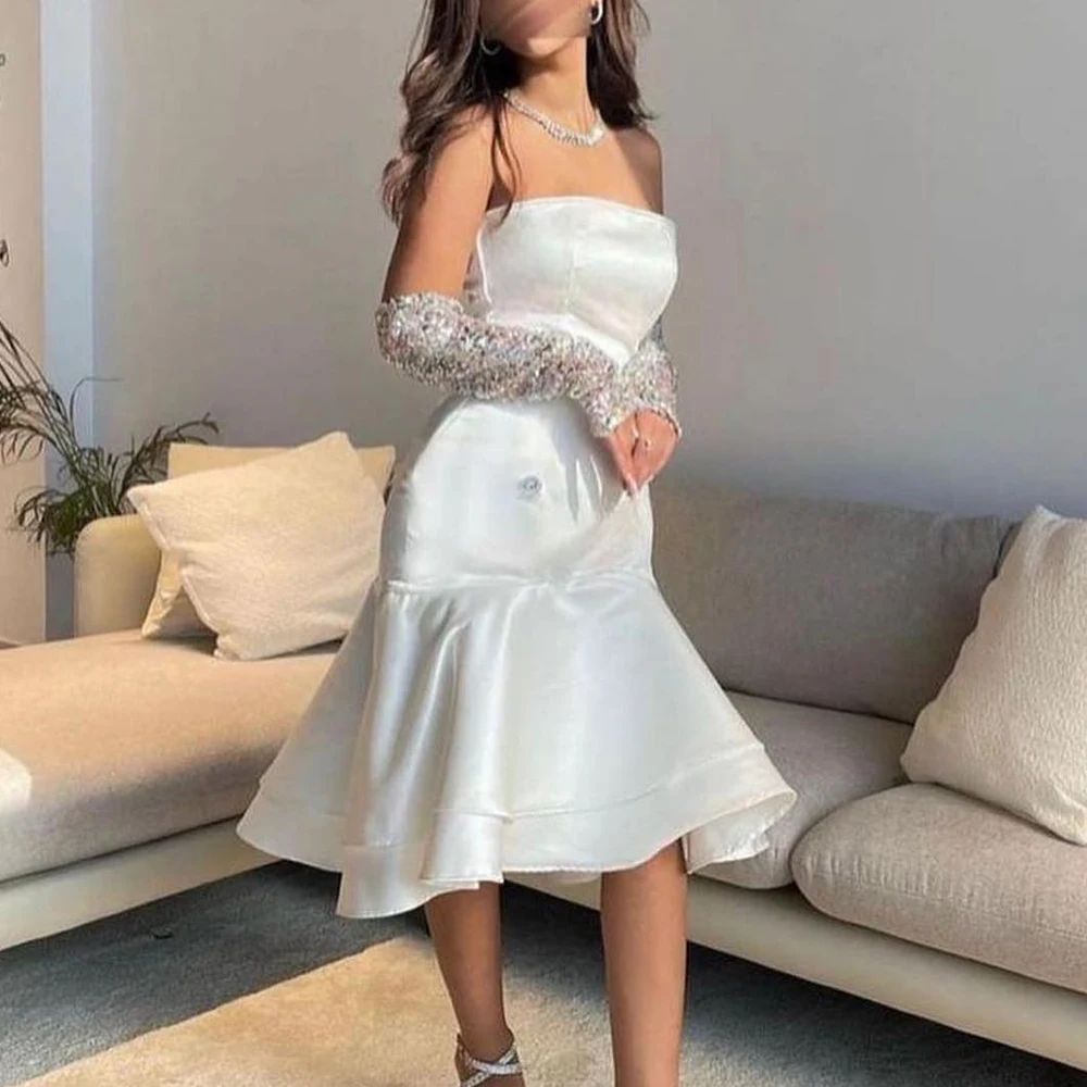 

Customized Modern Mermaid Strapless Detachable Sleeve Sequined Evening Dress Graceful Satin Pleats White Vestido De Festa